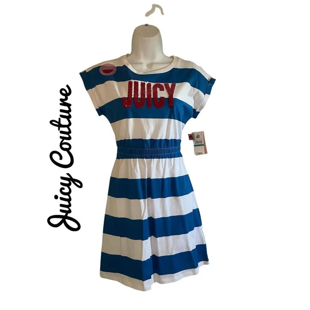 Juicy Couture XL Youth 16 Crew Tee Dress Blue White Sequins